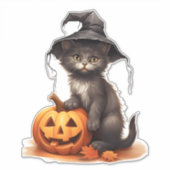 Niedliche Halloween-Katze mit Kürbis und Herbstblä Aufkleber (Vorderseite)