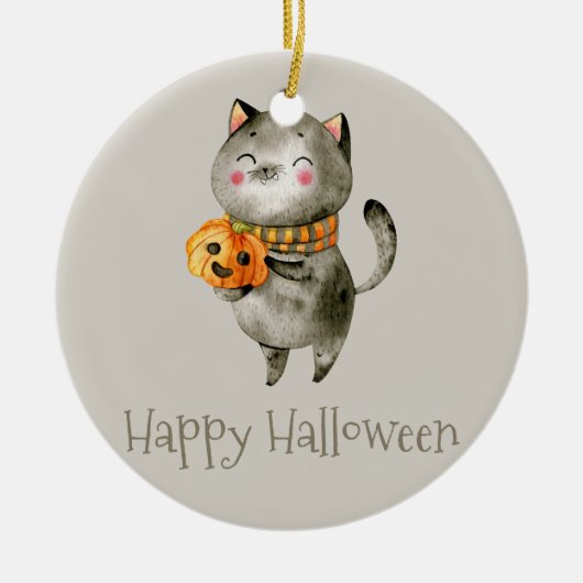 Niedliche Halloween-Katze mit Pumpkin | Keramik-Or Keramik Ornament (Vorne)
