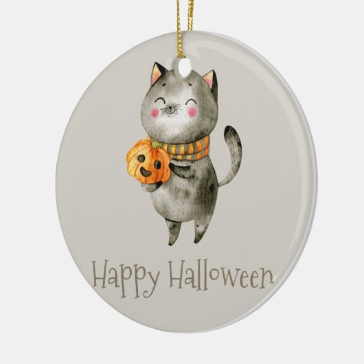 Niedliche Halloween-Katze mit Pumpkin | Keramik-Or Keramik Ornament (Links)