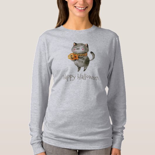 Niedliche Halloween-Katze mit Pumpkin Sleeve Shirt (Vorderseite)