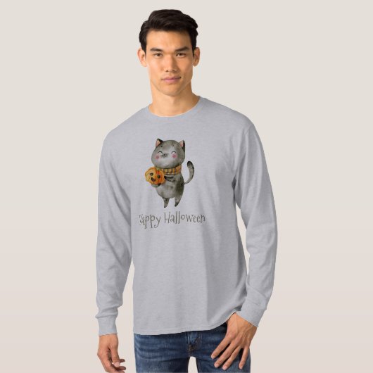 Niedliche Halloween-Katze mit Pumpkin Sleeve Shirt (Vorne ganz)