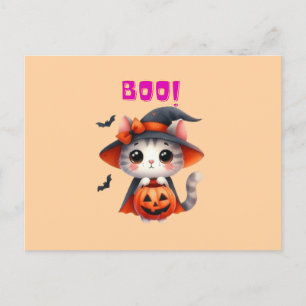 Niedliche Halloween-Katze mit Pumpkin und Hexenhut Postkarte