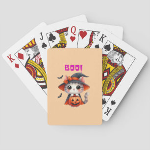 Niedliche Halloween-Katze mit Pumpkin und Hexenhut Spielkarten