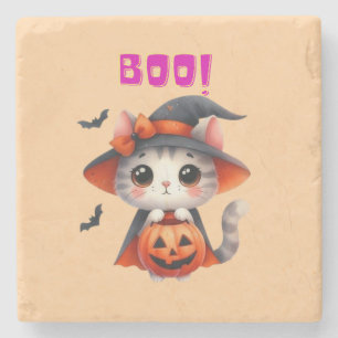 Niedliche Halloween-Katze mit Pumpkin und Hexenhut Steinuntersetzer