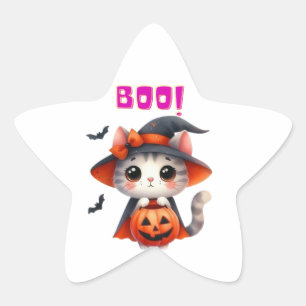 Niedliche Halloween-Katze mit Pumpkin und Hexenhut Stern-Aufkleber