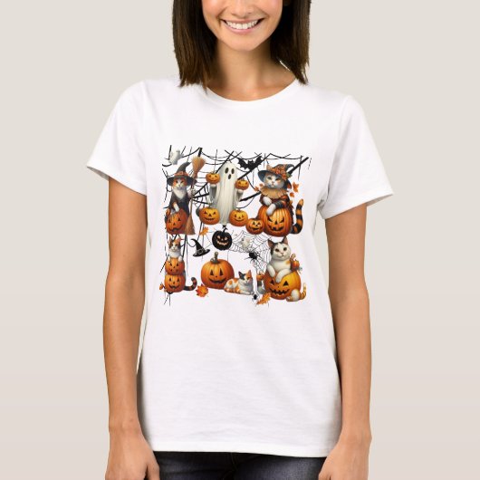 Niedliche Halloween-Katzen und Kürbis T-Shirt (Vorderseite)