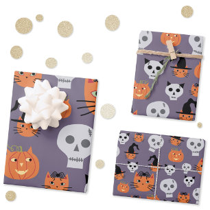 Niedliche Halloween-Katzen und -Skulls Spooky Geschenkpapier Set