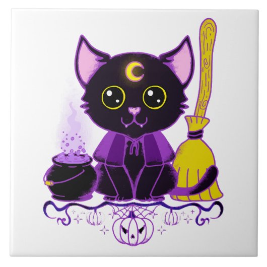 Niedliche Halloween-Katzenwitsche Fliese (Vorderseite)