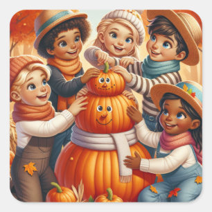 Niedliche Halloween Kids Kürkin Snowman Quadratischer Aufkleber