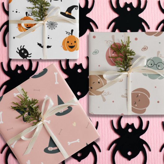 Niedliche Halloween Kürbishüte und Knochen Kawaii Geschenkpapier Set