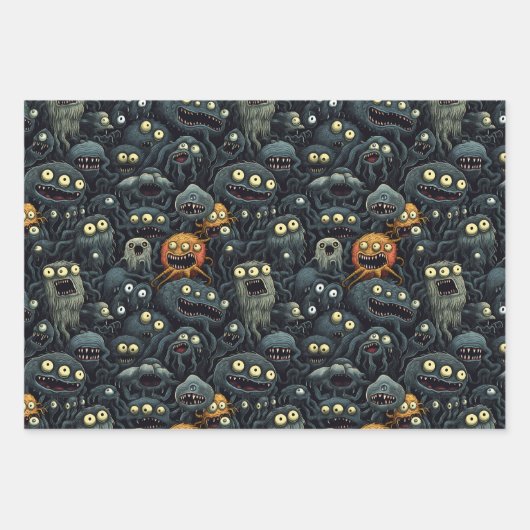 Niedliche Halloween-Monster in dunkelbraunen Grau Geschenkpapier Set (Vorderseite)