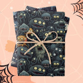 Niedliche Halloween-Monster in dunkelbraunen Grau Geschenkpapier Set