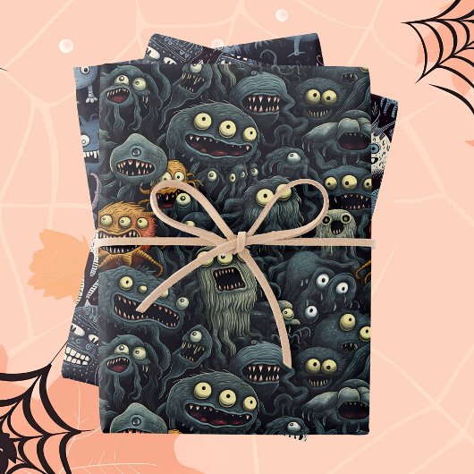 Niedliche Halloween-Monster in dunkelbraunen Grau Geschenkpapier Set