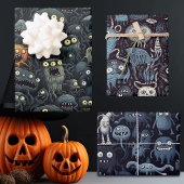 Niedliche Halloween-Monster in dunkelbraunen Grau Geschenkpapier Set