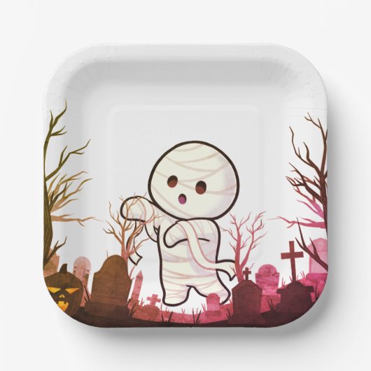 Niedliche Halloween Mummy in Spooky Graveyard - Fu Pappteller (Vorderseite)