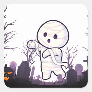 Niedliche Halloween Mummy in Spooky Graveyard - Fu Quadratischer Aufkleber