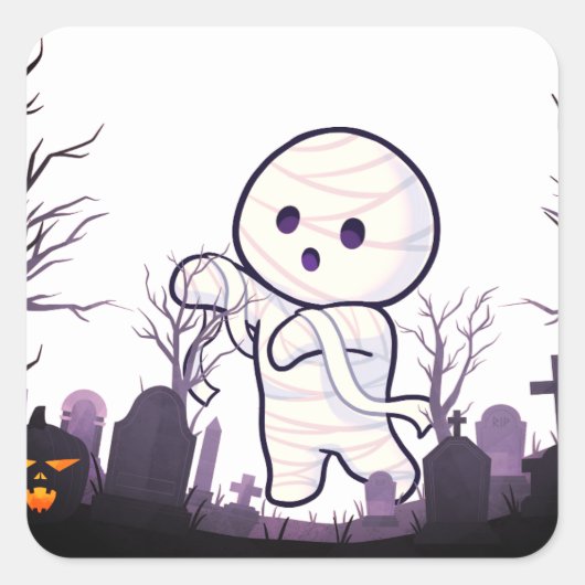Niedliche Halloween Mummy in Spooky Graveyard - Fu Quadratischer Aufkleber (Vorderseite)