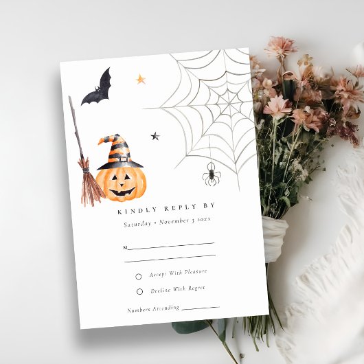 Niedliche Halloween Pumpkin Spiderweb Spooky Weddi RSVP Karte