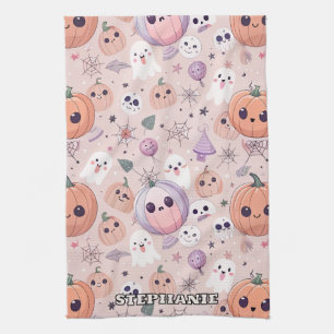 Niedliche Halloween Pumpkins & Ghosts auf rosa Nah Geschirrtuch