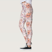 Niedliche Halloween Pumpkins & Ghosts auf rosa Nah Leggings (Links)