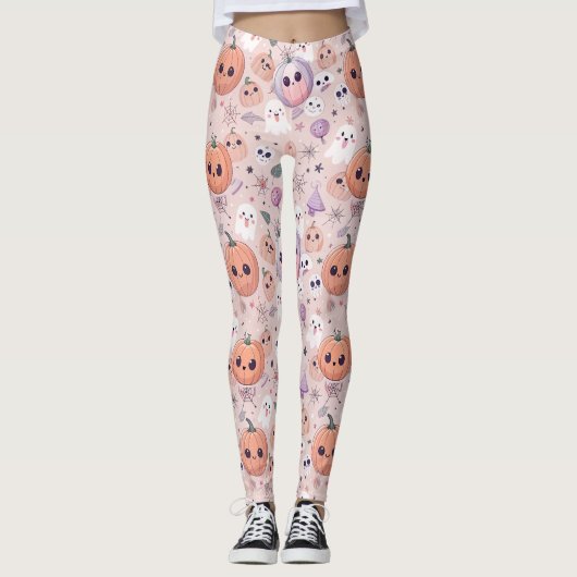 Niedliche Halloween Pumpkins & Ghosts auf rosa Nah Leggings (Vorderseite)