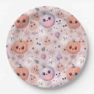 Niedliche Halloween Pumpkins & Ghosts auf rosa Nah Pappteller