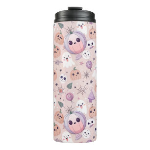 Niedliche Halloween Pumpkins & Ghosts auf rosa Nah Thermosbecher
