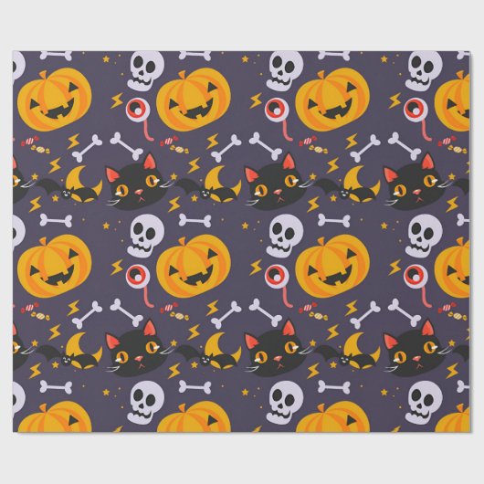 Niedliche Halloween-Skulls, Katzen & Kürbis lächel Geschenkpapier (Flach)