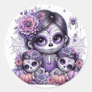 Niedliche Halloween Sugar Skull Hexe Runder Aufkleber