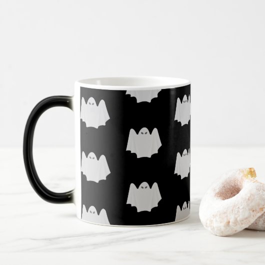 Niedliche Halloween-Tasse - Schwarz-Weiß-Ghost-Mus Verwandlungstasse (Mit Donut)