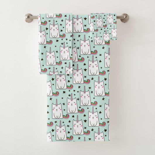 Niedliche Hand gezeichnetes Unicorn-Katzen-Muster Badhandtuch Set (Insitu)