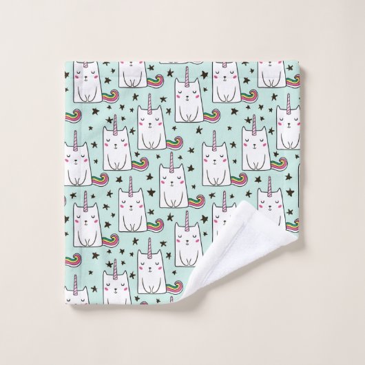 Niedliche Hand gezeichnetes Unicorn-Katzen-Muster Badhandtuch Set (Waschlappen)