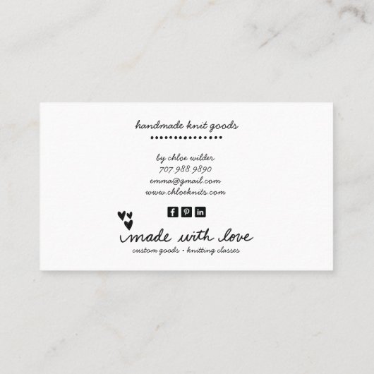 Niedliche handgemachte Strick- und Knitterwaren Visitenkarte (Rückseite)