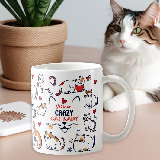 Niedliche handgezeichnet, bunt-verrückte Katzenfra Kaffeetasse