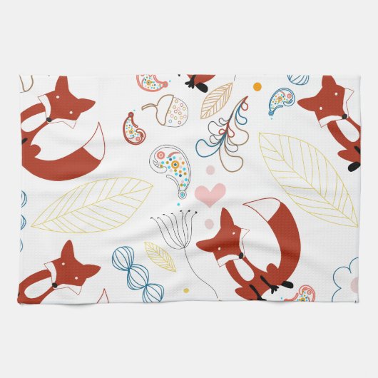 Niedliche, handgezogene Foxhörnchen in Gelb-Blau-R Handtuch (Horizontal)