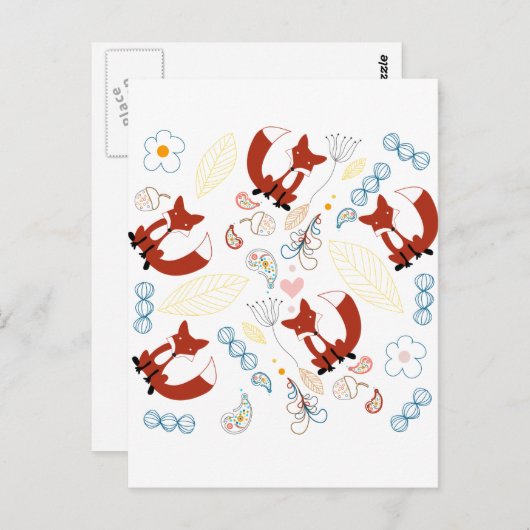 Niedliche, handgezogene Foxhörnchen in Gelb-Blau-R Postkarte (Vorne/Hinten)