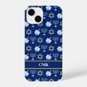 Niedliche Hanukkah Dreidel Menorah Blue Monogram iPhone Hülle (Rückseite)