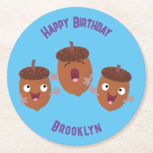 Niedliche Happy Acorns singen Cartoon für Kinder Runder Pappuntersetzer