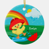 Niedliche Happy Duck in Regen mit Regenbogen Keramik Ornament (Vorne)