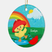 Niedliche Happy Duck in Regen mit Regenbogen Keramik Ornament (Links)