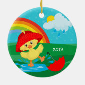 Niedliche Happy Duck in Regen mit Regenbogen Keramik Ornament (Hinten)
