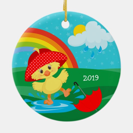 Niedliche Happy Duck in Regen mit Regenbogen Keramik Ornament (Hinten)