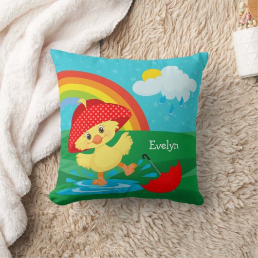 Niedliche Happy Duck in Regen mit Regenbogen Kissen (Decke)