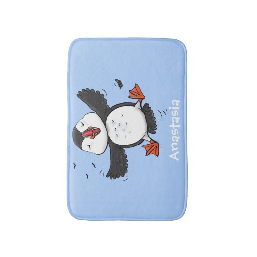 Niedliche Happy-Fying-Puffsängerin mit blauen Cart Badematte (Vorderseite Vertikal)