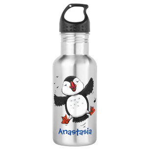 Niedliche Happy-Fying-Puffsängerin mit blauen Cart Edelstahlflasche