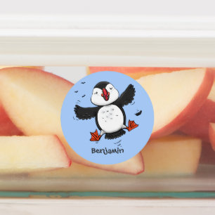 Niedliche Happy-Fying-Puffsängerin mit blauen Cart Etiketten