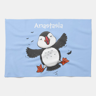 Niedliche Happy-Fying-Puffsängerin mit blauen Cart Geschirrtuch