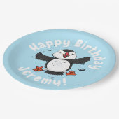 Niedliche Happy-Fying-Puffsängerin mit blauen Cart Pappteller (Schrägansicht)