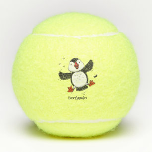 Niedliche Happy-Fying-Puffsängerin mit blauen Cart Tennisbälle