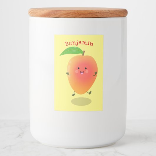 Niedliche Happy Mango Gelb Cartoon Illustration Lebensmitteletikett (Vorderseite)